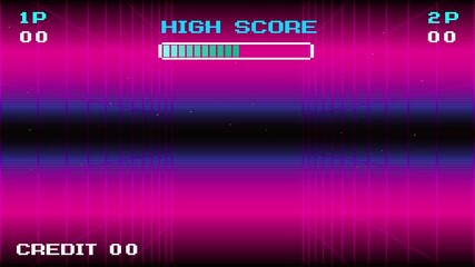 Poster - LEVEL UP. press start button. pixel art .8 bit game. Retro cyberpunk style 80s game scene pixel art 8-bit sci-fi background. glowing neon grid and stars from vintage arcade computer games.