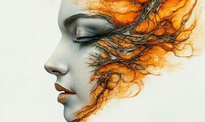 Wall Mural - elegant portrait of a woman with organic, abstract patterns in warm oranges and browns covering her 