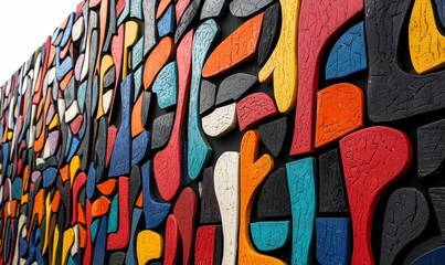 Poster - Abstract wooden pieces create a vibrant and colorful mosaic wall art with unique shapes.