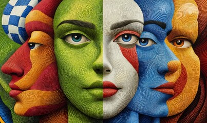 Wall Mural - a spectrum of painted faces merge together in this intricate and imaginative artistic composition.