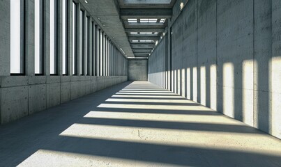 Poster - Sunlight creates striking geometric patterns in a raw concrete building's long and empty corridor.