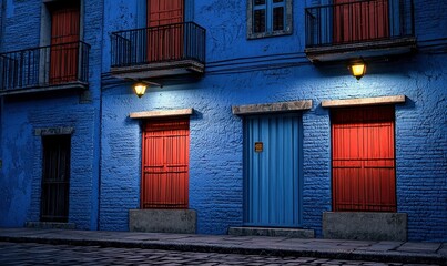 Poster - A vibrant blue building with red doors and iron balconies creates a colorful scene in Mexico.