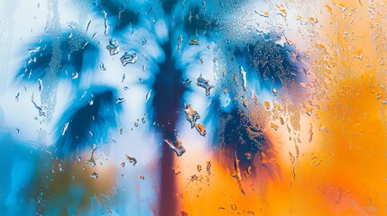Poster - Water droplets clinging to a glass surface create an abstract pattern, blurring vibrant orange and blue hues of palm trees in the background for a serene view of nature