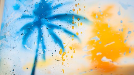 Poster - Water droplets clinging to a glass surface reflect the silhouette of a palm tree against a vibrant sunset, creating a dreamlike and evocative tropical scenery