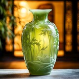 Elegant Green Jade Vase with Bamboo Engravings Displayed on Table Reflecting Warm Light from Window Creating Peaceful Atmosphere