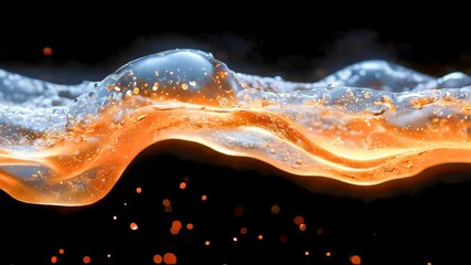 Poster - Abstract macro shot of liquid waves, blending blue and orange hues with glowing reflections in a black background