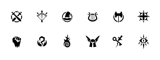 Poster - Collection of black icons including arrows, wings, keys, and various unique abstract symbols.