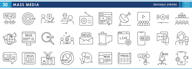 Fototapete - A set of line icons related to Mass Media. News, tv, radio, interview, mic, interview, podcast, newspaper, video, and so on. Vector editable stroke.