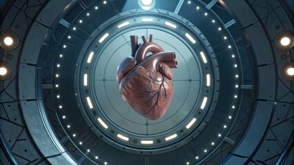 Poster - Human Heart in a Futuristic Setting: A realistic human heart, pulsating with life, floats within a high-tech, circular chamber, glowing with cool light.