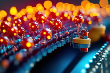Poster - Intricate close-up of glowing red sensors on a futuristic circuit board in a tech lab