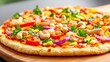 © dreamer - A vibrant pizza topped with colorful vegetables and herbs, resting on a wooden board, showcasing a delicious and appealing meal.