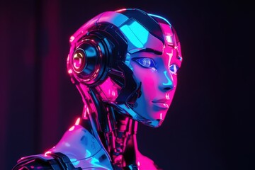 Poster - Futuristic robot with vibrant neon lights in a dark environment showcases advanced technology