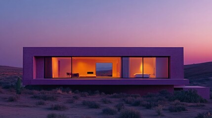Poster - Nestled in a vast desert area, this minimalist retreat glows with warm orange light as the sun sets, blending harmoniously with the enchanting surroundings at twilight