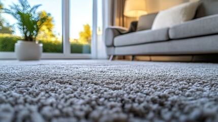 Poster - Warm sunlight filters through large windows, illuminating the soft carpet where a cozy sofa sits. A green plant adds a touch of nature, creating a serene living space perfect for unwinding