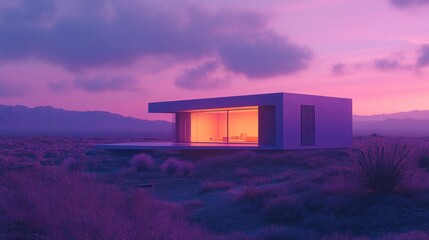 Poster - The sleek, minimalist structure glows warmly as dusk falls, surrounded by dramatic desert terrain and muted mountain silhouettes. A captivating blend of nature and design captivates the eye
