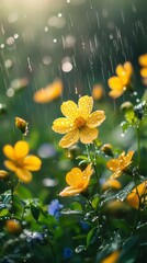 Poster - Delicate yellow blooms emerge vibrantly amid a refreshing rain shower, their petals adorned with sparkling droplets, illuminated by golden sunlight in a lush garden