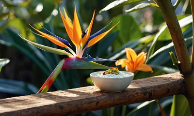 Aufkleber - A vibrant bird of paradise flower beside a bowl of fresh food, showcasing nature and cuisine.