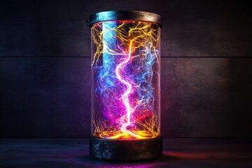 Poster - Vibrant electric energy pulse enclosed in a futuristic glass tube with a metal base