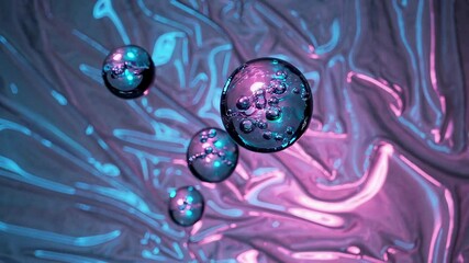 Poster - Shiny soap bubbles on reflective surface with pink and blue light, abstract art