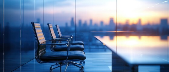 Poster - A sleek office space with modern chairs overlooking a city skyline at sunset, reflecting a blend of professionalism and tranquility.