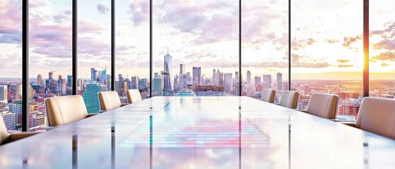 Poster - A modern conference room with a panoramic city view, featuring a sleek table and large windows, bathed in sunset light.