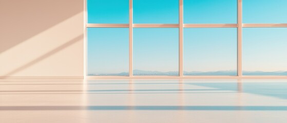 Poster - A modern interior featuring large windows, allowing natural light to flood the space, with a minimalist design and a clear blue sky visible outside.