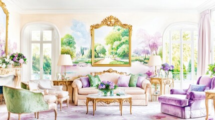 Poster - A bright and elegant living room featuring pastel furniture, floral decor, and a large painting of a garden landscape.