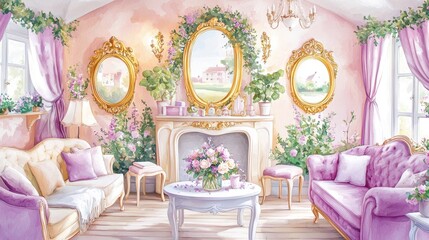 Poster - A beautifully decorated living room featuring elegant furniture, floral accents, and soft pastel colors, creating a cozy and inviting atmosphere.