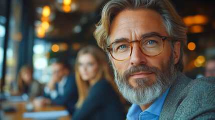 Poster - Mature businessman with glasses in a modern office, looking confident