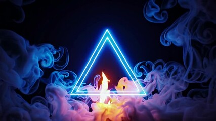 Aufkleber - Glowing blue neon triangle with vibrant fire and misty smoke on dark background