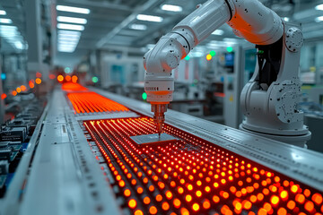 Poster - a robotic arm assembling microchips on a high-tech factory floor. concept of automation and industri