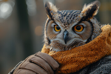 A rescued owl perched on a ranger's glove in a forest. Concept of wildlife rehabilitation and conservation efforts.