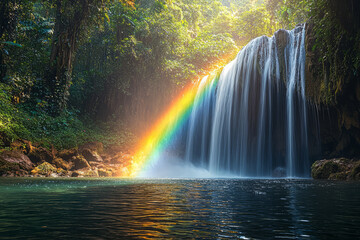 Poster - a rainbow stretching over a waterfall in a tropical rainforest. concept of natural beauty and meteor