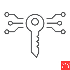 Poster - Digital key line icon, security and protection, key vector icon, vector graphics, editable stroke outline sign, eps 10.
