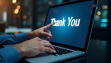 Businessman Using Laptop to Touch 'Thank You' Message on Screen: A Digital Presentation of Appreciation and Gratitude in Business with Space for Customization