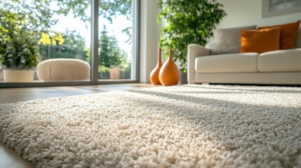 Poster - Sunlight pours into this inviting room, highlighting a plush rug, elegant seating, and vibrant accents. The greenery outside enhances the serene atmosphere, creating a perfect retreat