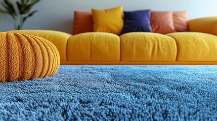 Fototapete - A stylish living room showcases a bright yellow sofa adorned with colorful pillows, set against a soft blue rug that adds warmth to the space. This inviting area encourages relaxation