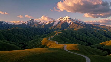 Wall Mural - Winding road through green hills toward snow-capped mountains at sunset. Nature journey concept