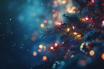 Poster - A dreamy composition of a Christmas garland with multi-colored bokeh lights softly blurred, resting on a dark blue background that evokes the spirit of the holiday season.
