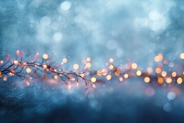 Poster - A dreamy composition of a Christmas garland with multi-colored bokeh lights softly blurred, resting on a dark blue background that evokes the spirit of the holiday season.