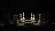 © Jutha - Chess game isolated on black background illustrating strategic thinking and classic competition in minimalist style. concept as Chess game isolated on black background illustrating strategic thinking