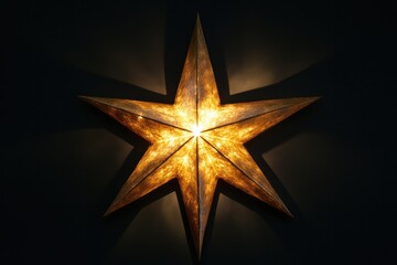 Fototapete - A shimmering gold star light illuminated against a pitch-black background, with each point of the star emitting a soft glow, bringing an enchanting and magical feeling to the scene.
