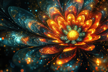 Poster - A luminous fractal flower with fiery orange and teal petals, glowing with inner light and sparkling dust.