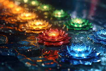 Aufkleber - Glowing metallic lotuses float on dark water, creating a serene and colorful scene.