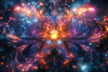 Aufkleber - A vibrant, symmetrical fractal artwork resembling a cosmic flower with glowing, swirling colors and sparkling particles.