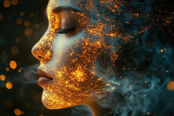 Aufkleber - A woman's face merges with ethereal golden sparks and smoke, creating a mystical and dreamlike portrait.