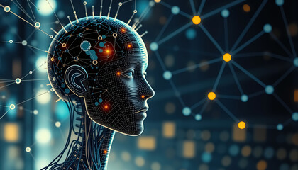 Poster - Artificial intelligence head with network connections futuristic technology representation