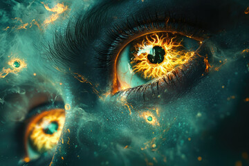 Poster - A fiery cosmic eye, engulfed in nebulae and swirling energy, holds mystical power.