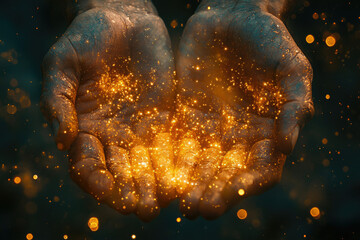Poster - Glowing golden particles held in cupped, weathered hands; magical, ethereal, mystical.