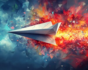 Aufkleber - A dynamic and vibrant paper airplane in flight, surrounded by color bursts and digital elements, symbolizing the fusion of creativity and innovation, highly detailed, Midjourney v6